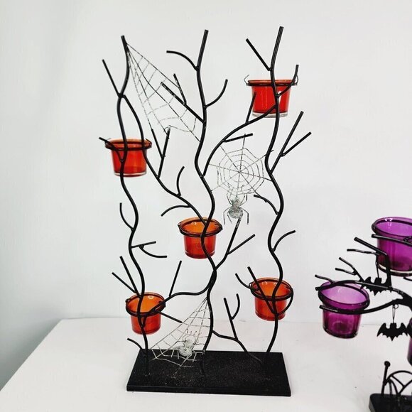 Lot of 2 Halloween Glass Votive Candle Holders Bats Spiders Metal Tree Spooky - Picture 6 of 13